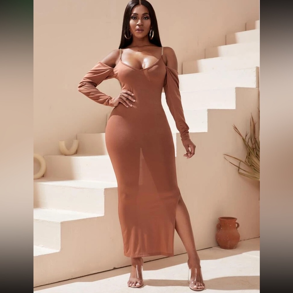 SHEIN SXY Chain Detail Cold Shoulder Split Hem Bodycon Dress